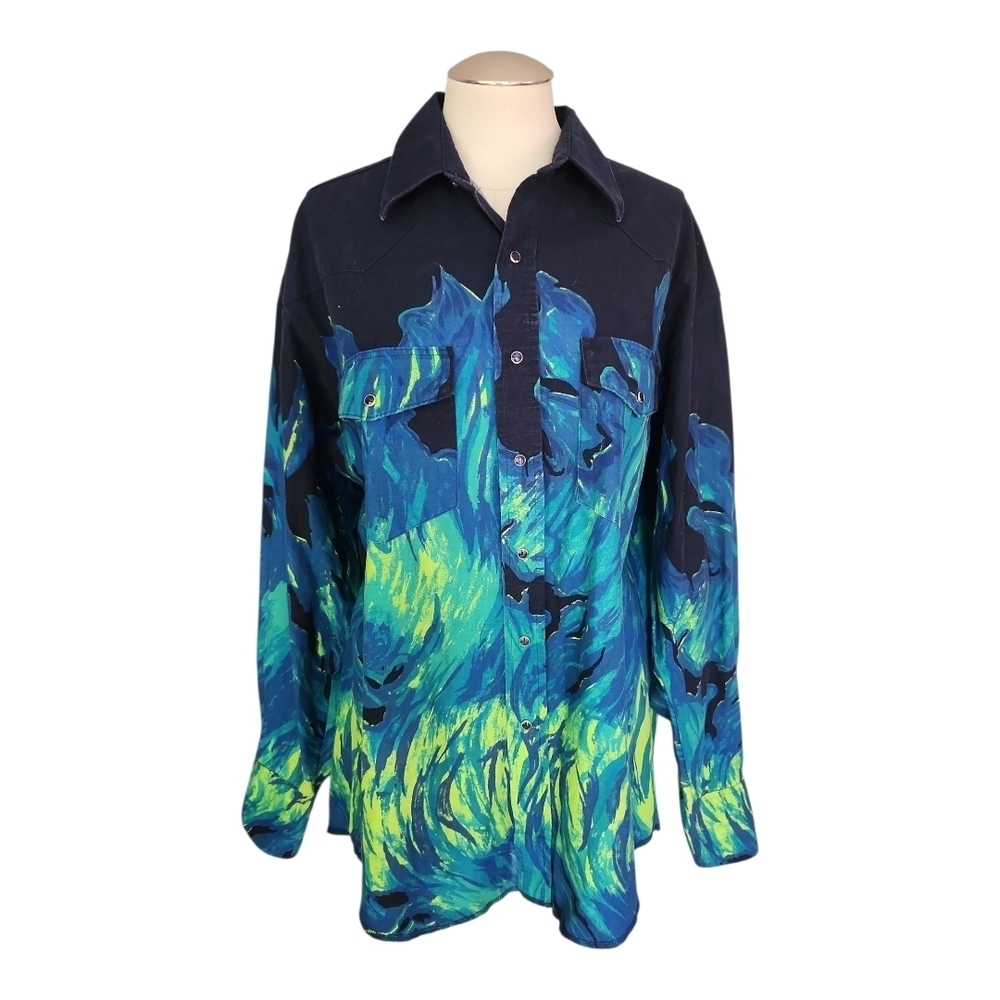 Wrangler Western Shirt L Flame Wave Print Bold Abstract Cowboy Snap Front